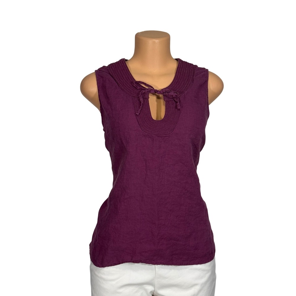 Lands End Womens 16P Plum Purple 100% Linen‎ Keyhole Tie Sleeveless Shell Top
